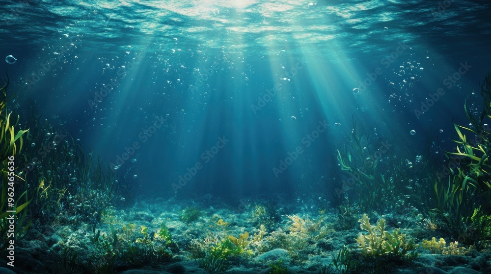 Fototapeta premium Underwater scene with sunlight filtering through water, illuminating aquatic plants and bubbles.