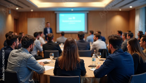 Wallpaper Mural Attendees are seated at round tables in a conference room, listening attentively to a speaker. Torontodigital.ca