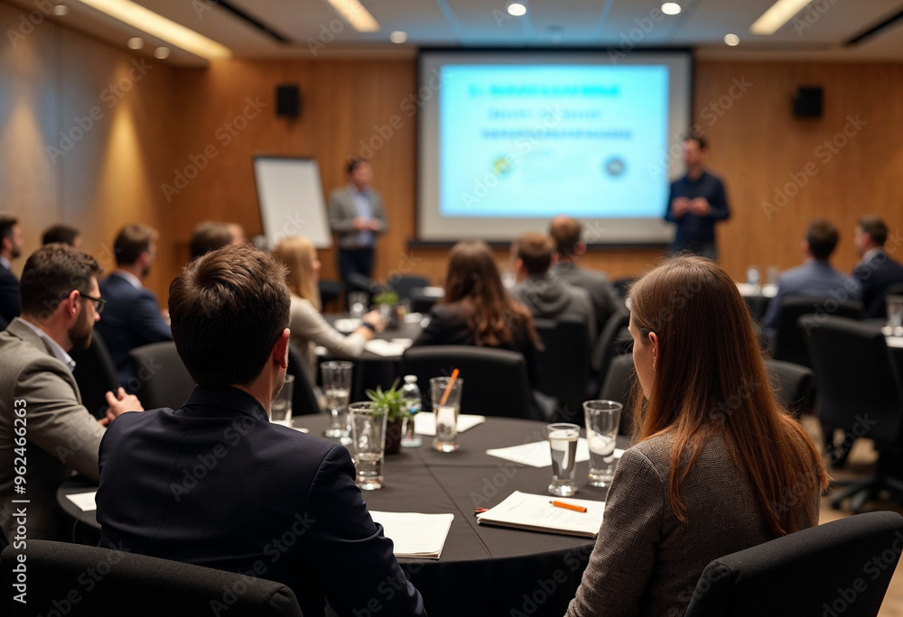 Attendees are seated at round tables in a conference room, listening attentively to a speaker. Attendees are seated at round tables in a conference room, listening attentively to a speaker.