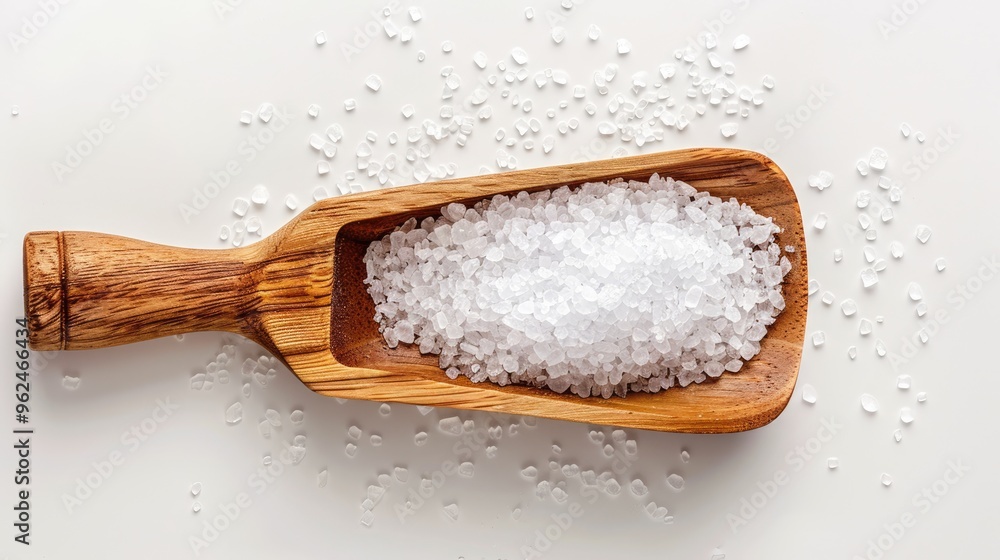 Top view of wooden scoop with sea salt crystals on white background Top view of wooden scoop with sea salt crystals on white background