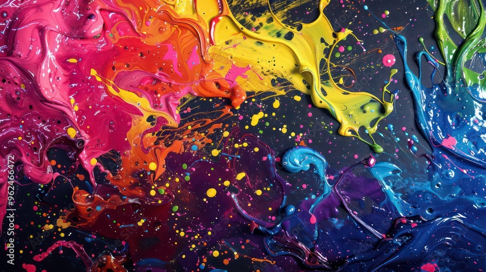 Abstract colorful paint swirls and splatters on a dark background. Abstract colorful paint swirls and splatters on a dark background.