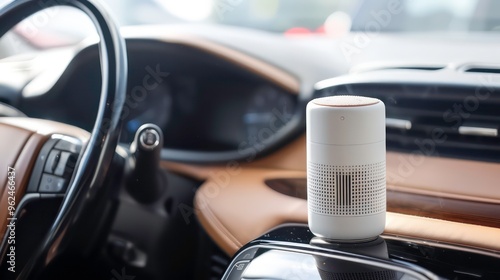 White air freshener diffuser on the dashboard of a luxury car. photo