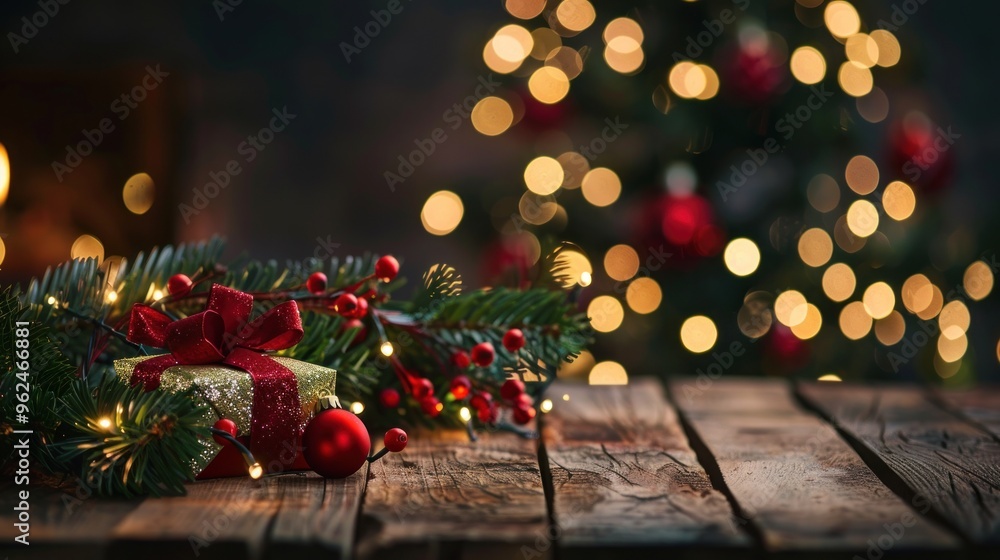 Christmas Gift on a Wooden Table with a Blurred Christmas Tree in the Background Christmas Gift on a Wooden Table with a Blurred Christmas Tree in the Background