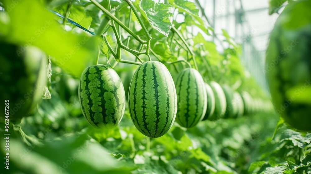 A thriving watermelon plantation in a tropical setting, with rows of lush, green plants and ripe melons visible through the netting support, emphasizing the natural growth and healthy harvest A thriving watermelon plantation in a tropical setting, with rows of lush, green plants and ripe melons visible through the netting support, emphasizing the natural growth and healthy harvest