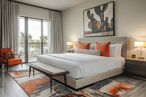 A professional mockup of a chic boutique hotel room, featuring a plush bed, modern artwork, and a balcony with a view, emphasizing comfort and style