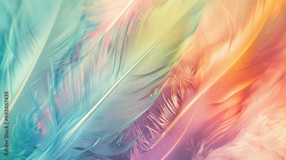 Fototapeta premium Retro-inspired rainbow feather abstract in soft pastel hues.