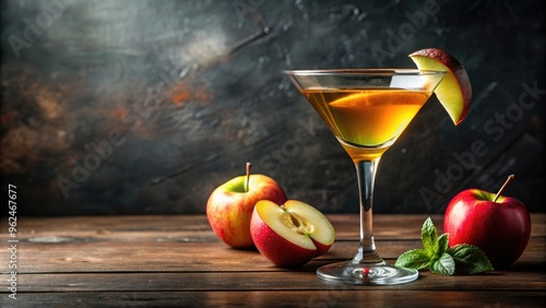 Refreshing Appletini cocktail with applejack brandy and apple cider garnished with apple slice, appletini photo