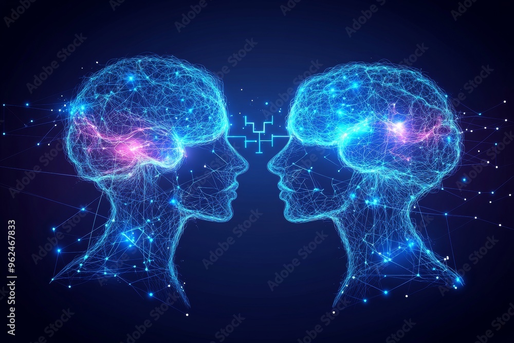 Brain network interface Brain network Glowing digital illustration of two brains facing each other representing neural communication and shared intelligence in a futuristic context Brain network interface Brain network Glowing digital illustration of two brains facing each other representing neural communication and shared intelligence in a futuristic context