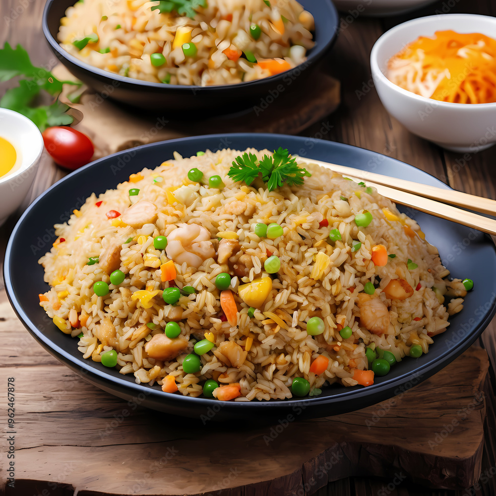 A Plate of Fried Rice on a Wooden Table A Plate of Fried Rice on a Wooden Table