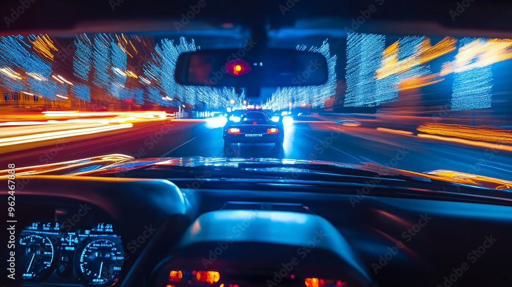 A driver's perspective of a car driving through a city at night with blurred lights. A driver's perspective of a car driving through a city at night with blurred lights.