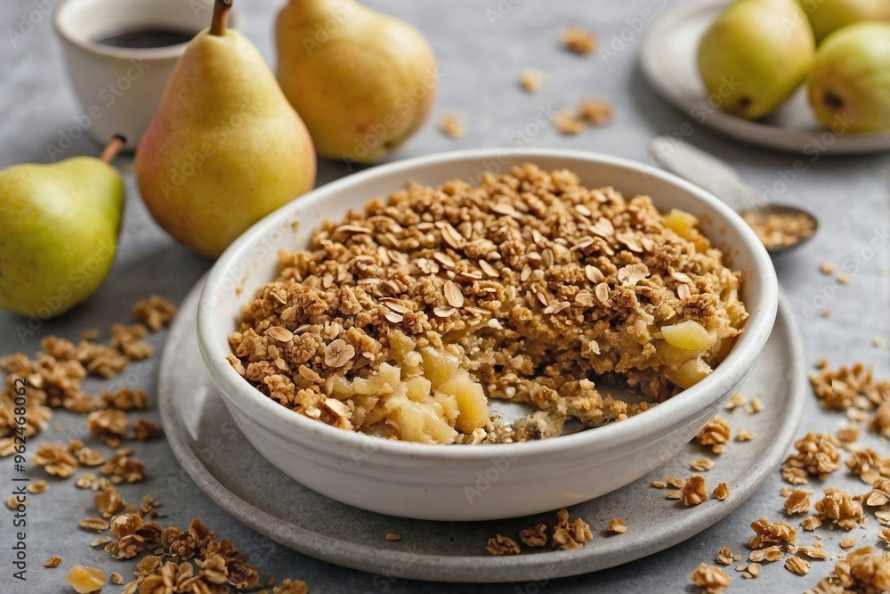 Pear Crumble: Overhead view of a pear crumble with a golden, crispy oat topping on a white dish Pear Crumble: Overhead view of a pear crumble with a golden, crispy oat topping on a white dish