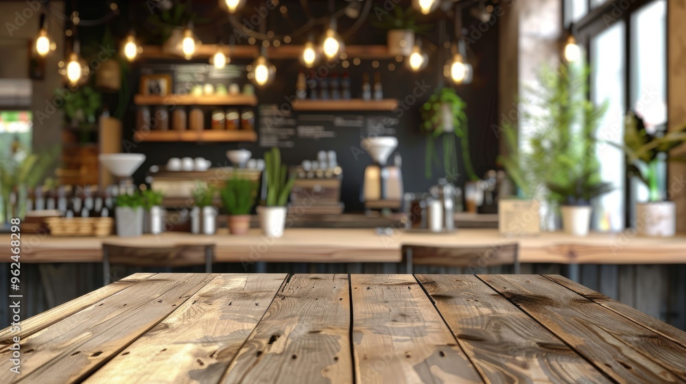 Wooden table in cafe interior with space to showcase products. Wooden table in cafe interior with space to showcase products.