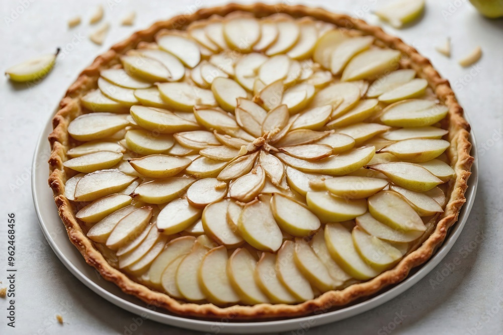 Pear Tart: Overhead view of a pear tart with thin, precisely arranged pear slices in a circular pattern on a buttery crust, displayed on a simple white plate. Pear Tart: Overhead view of a pear tart with thin, precisely arranged pear slices in a circular pattern on a buttery crust, displayed on a simple white plate.