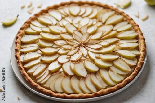 Pear Tart: Overhead view of a pear tart with thin, precisely arranged pear slices in a circular pattern on a buttery crust, displayed on a simple white plate.