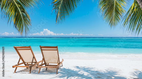 Empty sun loungers on white sandy beach under palm trees, with stunning turquoise ocean in background, create serene and relaxing atmosphere.