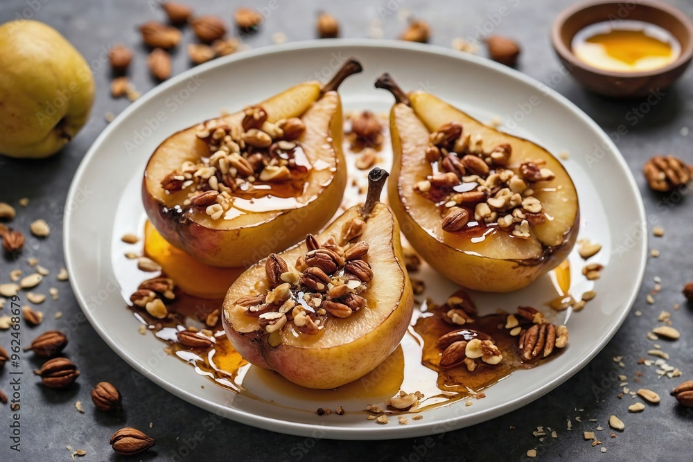 Baked Pears: Overhead view of halved baked pears on a white dish, topped with a drizzle of honey, cinnamon sprinkle, and chopped nuts Baked Pears: Overhead view of halved baked pears on a white dish, topped with a drizzle of honey, cinnamon sprinkle, and chopped nuts