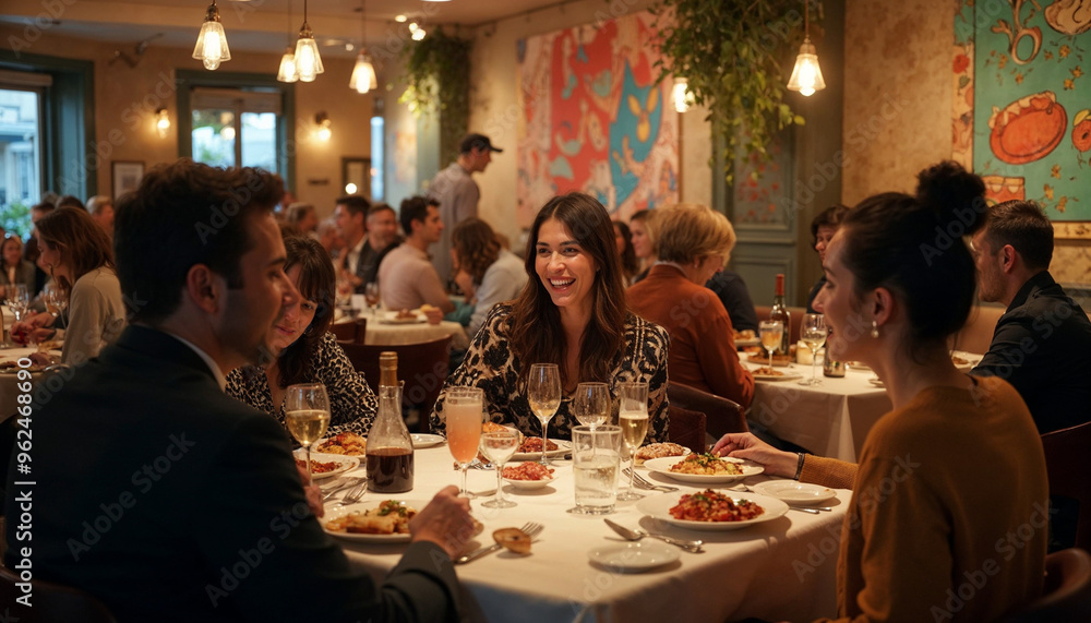 A group of friends dining in a restaurant, enjoying socializing and spending time together.
A group of friends dining in a restaurant, enjoying socializing and spending time together.