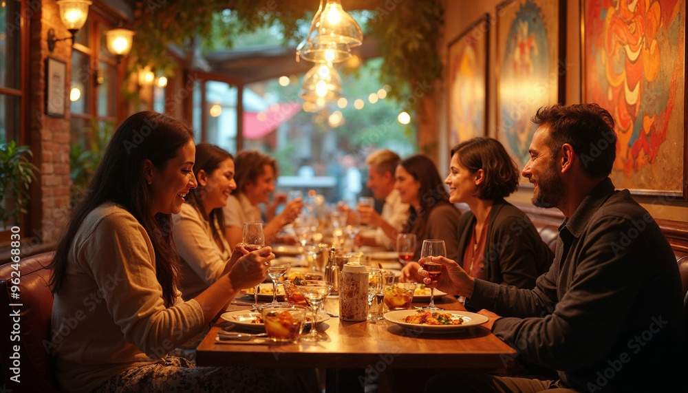 A group of friends dining in a restaurant, enjoying socializing and spending time together.
A group of friends dining in a restaurant, enjoying socializing and spending time together.