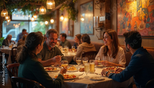 A group of friends dining in a restaurant, enjoying socializing and spending time together.