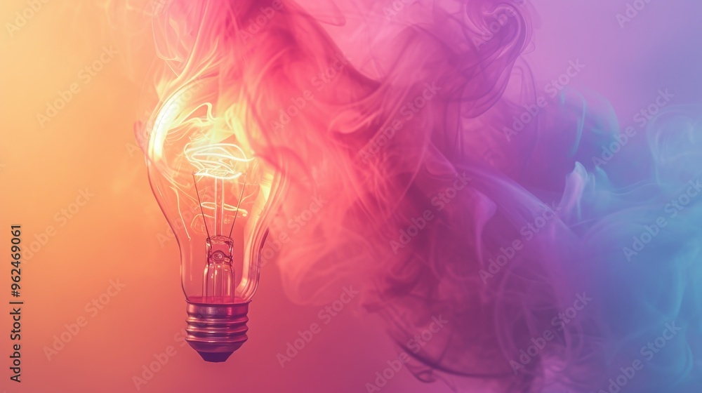 This image features a glowing light bulb enveloped in colorful smoke, set against a gradient background transitioning from pink to orange. The composition creates a striking visual effect, merging This image features a glowing light bulb enveloped in colorful smoke, set against a gradient background transitioning from pink to orange. The composition creates a striking visual effect, merging