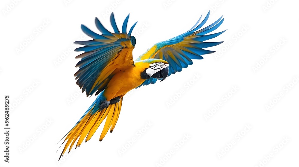Fototapeta premium Blue and Yellow Macaw Flying White Background, Realistic Photo, Texture, Pattern Background, Wallpaper, Cover and Screen of Smartphone, PC, Laptop, 9:16 and 16:9 Format