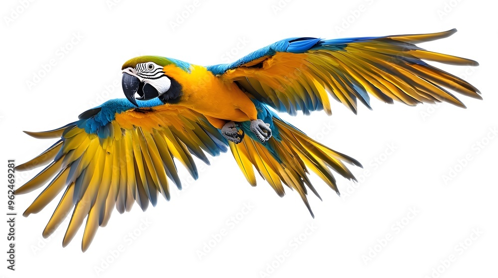 Fototapeta premium Blue and Yellow Macaw Flying White Background, Realistic Photo, Texture, Pattern Background, Wallpaper, Cover and Screen of Smartphone, PC, Laptop, 9:16 and 16:9 Format