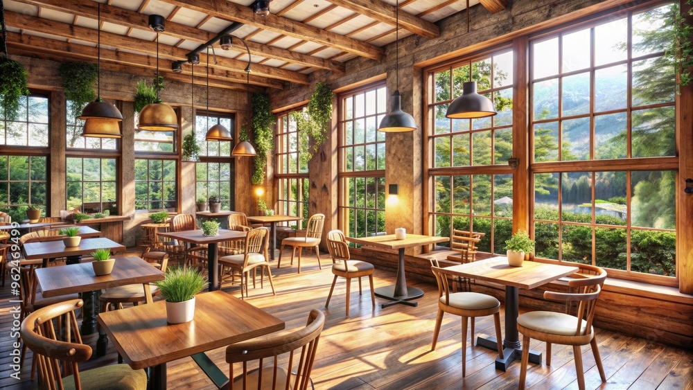Cozy caf? with rustic wooden furniture and large windows flooding the space with natural light, Cozy, inviting Cozy caf? with rustic wooden furniture and large windows flooding the space with natural light, Cozy, inviting