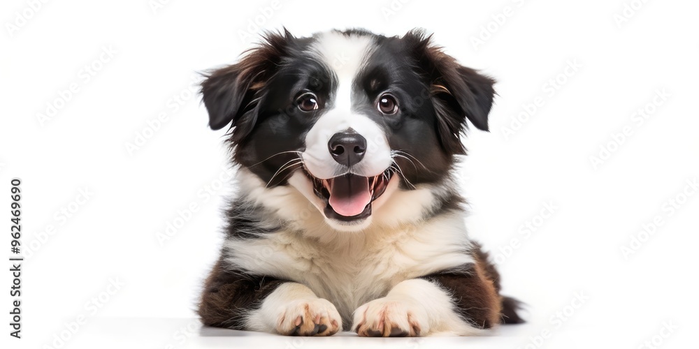 Fluffy border collie puppy with a big grin isolated on a white background, border collie, dog, puppy, fluffy, cute Fluffy border collie puppy with a big grin isolated on a white background, border collie, dog, puppy, fluffy, cute