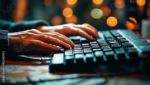 A pair of hands are busy typing on a black keyboard, and the background is blurred, creating an atmosphere of dedicated work. photo