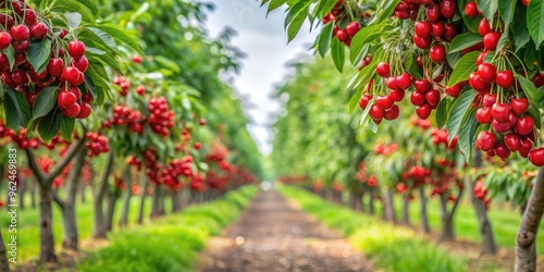 Cherry orchard with ripe cherries on trees and ground, cherry, orchard, red, ripe, fruit, harvest, agriculture, tree, nature, food