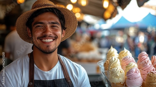 Smiling Young Hispanic Man in an Apron Selling Ice Cream at a Street Fair, Real Photo Capturing a Vibrant Outdoor Market Scene

