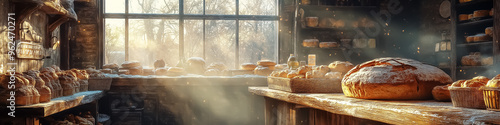 A warm, rustic bakery scene with freshly baked bread, perfect for promoting artisanal baking or seasonal holiday events. photo