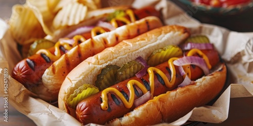 Savory Gourmet Grilled Hot Dogs Topped with Mustard, Pickles, Onions, and Served with Chips