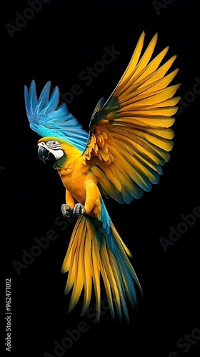 Blue and Yellow Macaw Flying Black Background, Realistic Photo, Texture, Pattern Background, Wallpaper, Cover and Screen of Smartphone, PC, Laptop, 9:16 and 16:9 Format