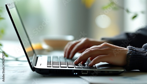 Typing quickly with a pair of hands on the keyboard of a laptop, with a simple and bright background, implying a focused work or study situation. photo