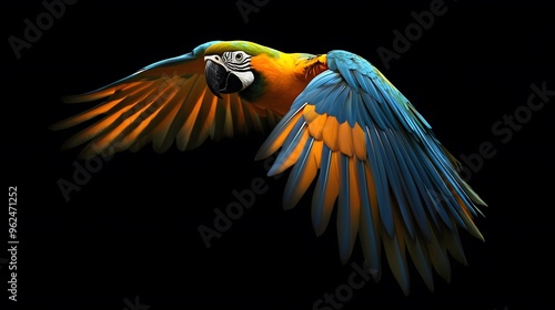 Blue and Yellow Macaw Flying Black Background, Realistic Photo, Texture, Pattern Background, Wallpaper, Cover and Screen of Smartphone, PC, Laptop, 9:16 and 16:9 Format