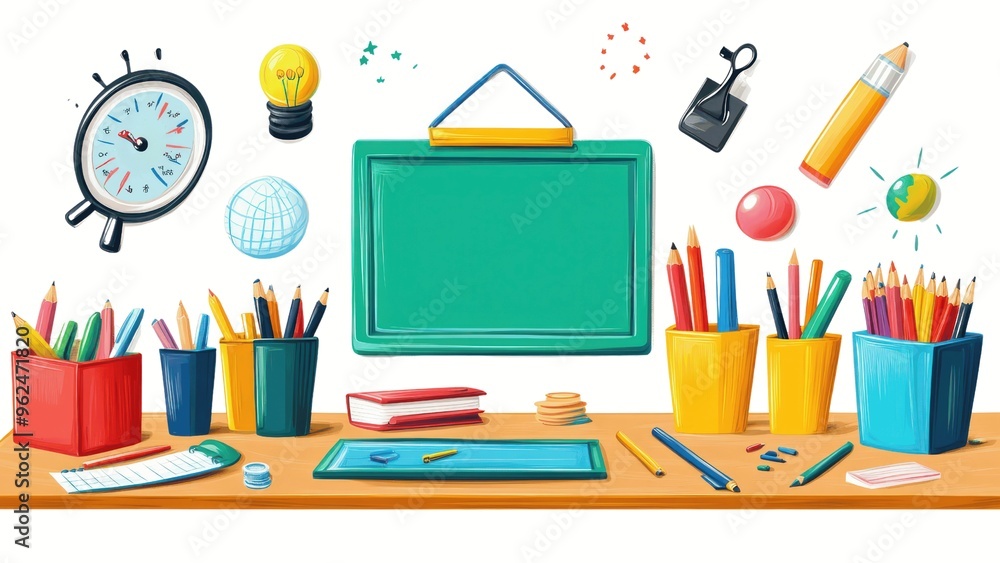 A colorful desk with a green board and a clock A colorful desk with a green board and a clock