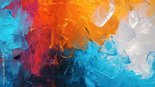 Abstract painting with vibrant colors of red, orange, blue and white.