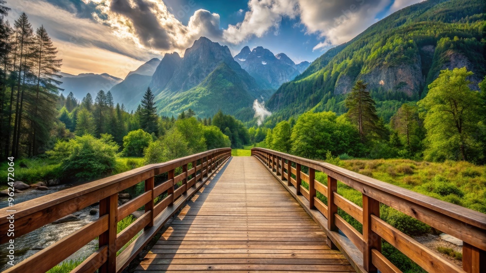 A wooden bridge surrounded by scenic mountains and lush greenery, bridge, mountains, nature, scenery, landscape, wooden, trail A wooden bridge surrounded by scenic mountains and lush greenery, bridge, mountains, nature, scenery, landscape, wooden, trail
