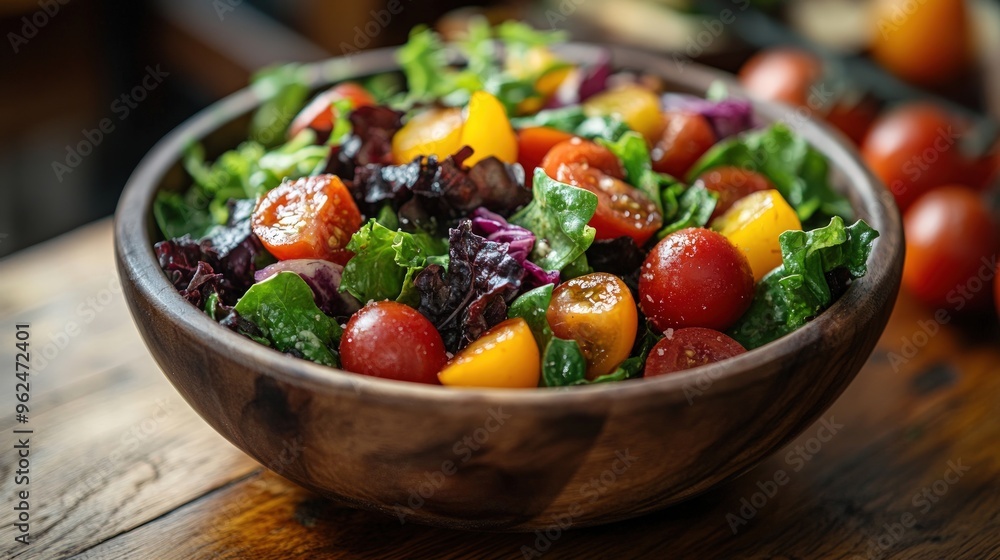 A wooden bowl filled with a colorful salad of mixed greens, cherry tomatoes, and red onion. A wooden bowl filled with a colorful salad of mixed greens, cherry tomatoes, and red onion.