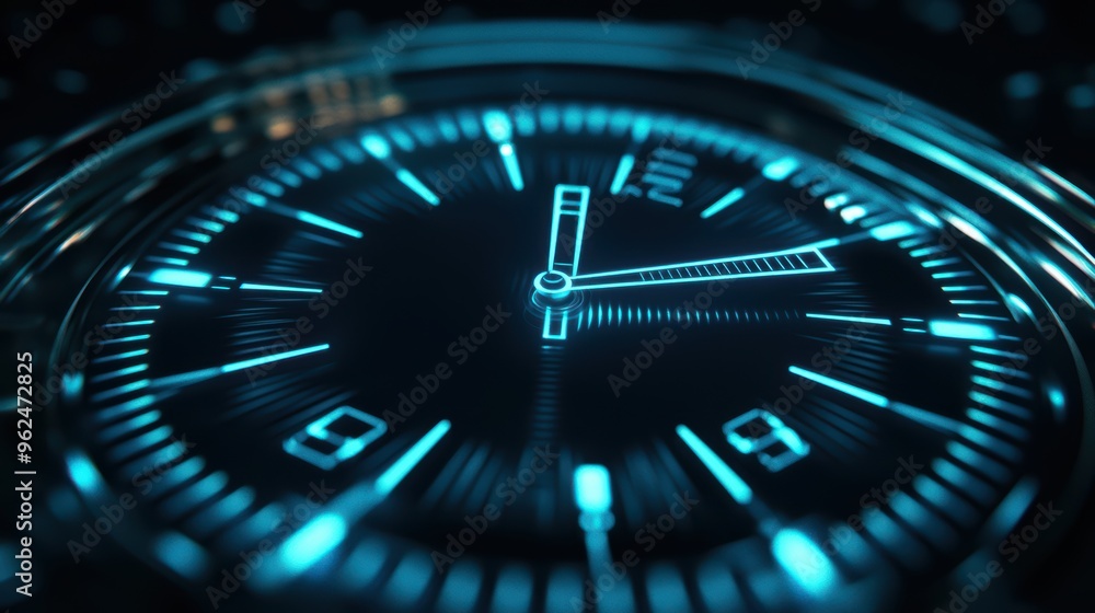 Futuristic Neon Blue Glowing Clock Face with Abstract Digital Design and Modern Aesthetic Futuristic Neon Blue Glowing Clock Face with Abstract Digital Design and Modern Aesthetic