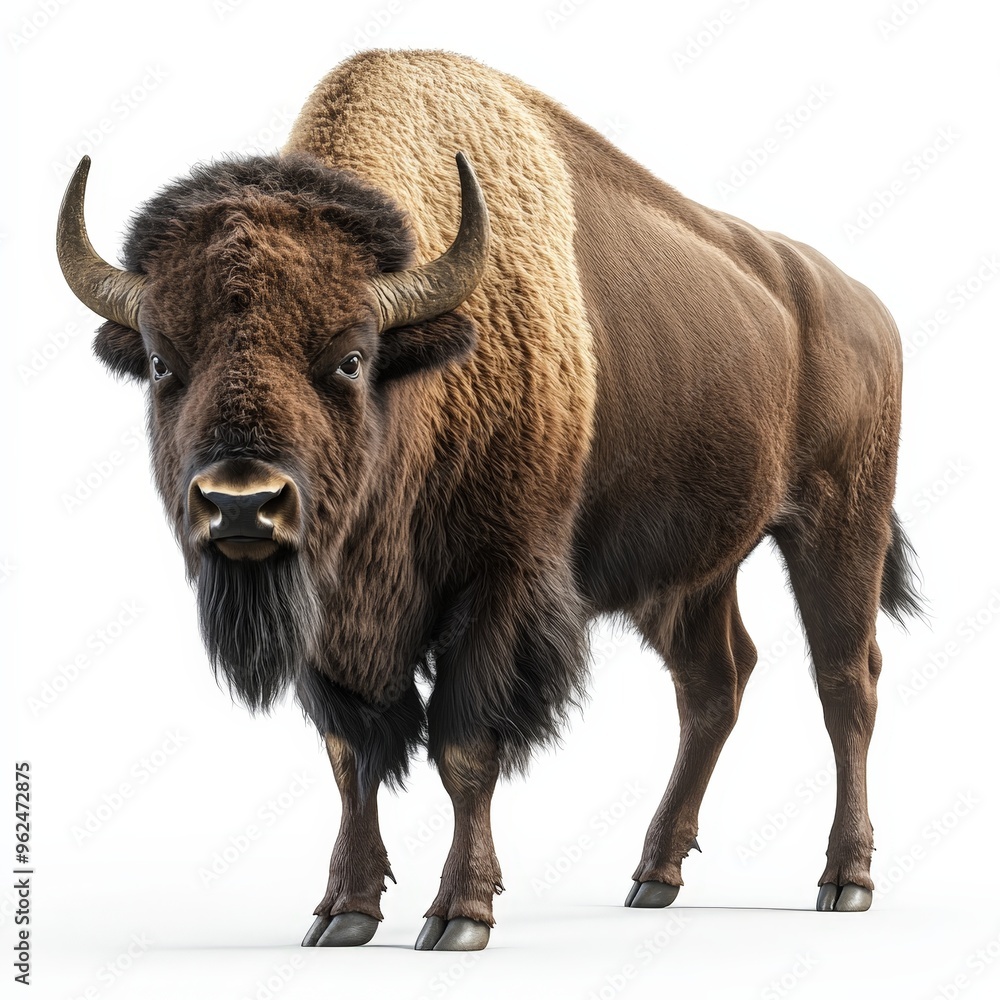 A large buffalo stands in front of a white background A large buffalo stands in front of a white background