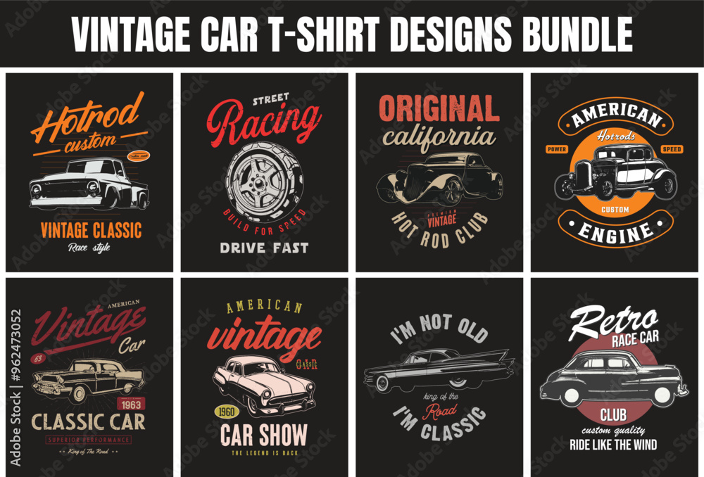 American classic  cars t-shirt design vector graphics prints bundle. vintage car t shirt. old car illustrations, hotrod garage label vehicle typography logo.