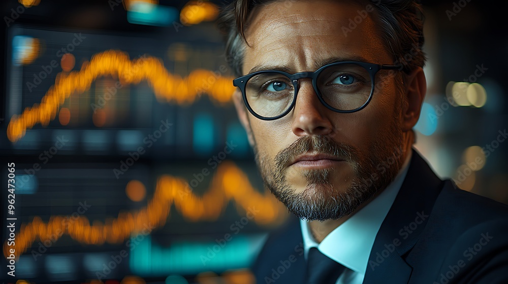 A businessman in a suit and glasses looks intently at the camera, with stock market graphs in the background. A businessman in a suit and glasses looks intently at the camera, with stock market graphs in the background.