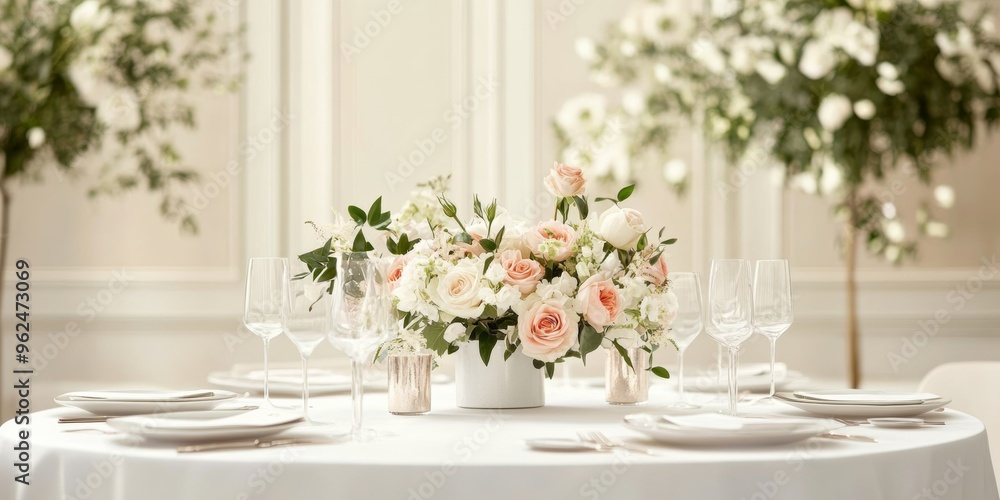 An elegant dining setup for a formal event, with a clean, white tablecloth, exquisite floral centerpieces, including roses, and stylish glassware and plates, set against a vintage-inspired background An elegant dining setup for a formal event, with a clean, white tablecloth, exquisite floral centerpieces, including roses, and stylish glassware and plates, set against a vintage-inspired background