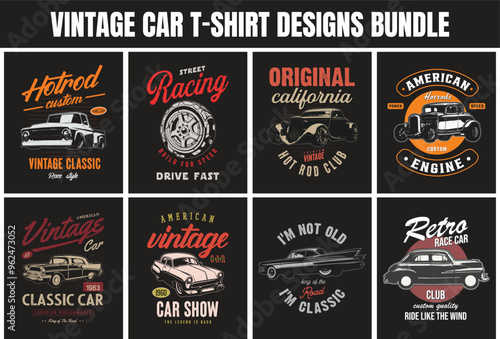 American classic  cars t-shirt design vector graphics prints bundle. vintage car t shirt. old car illustrations, hotrod garage label vehicle typography logo.