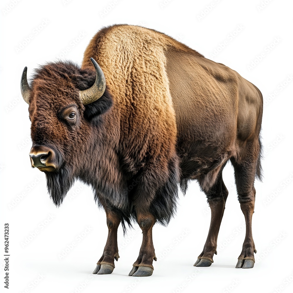 A large buffalo stands in front of a white background