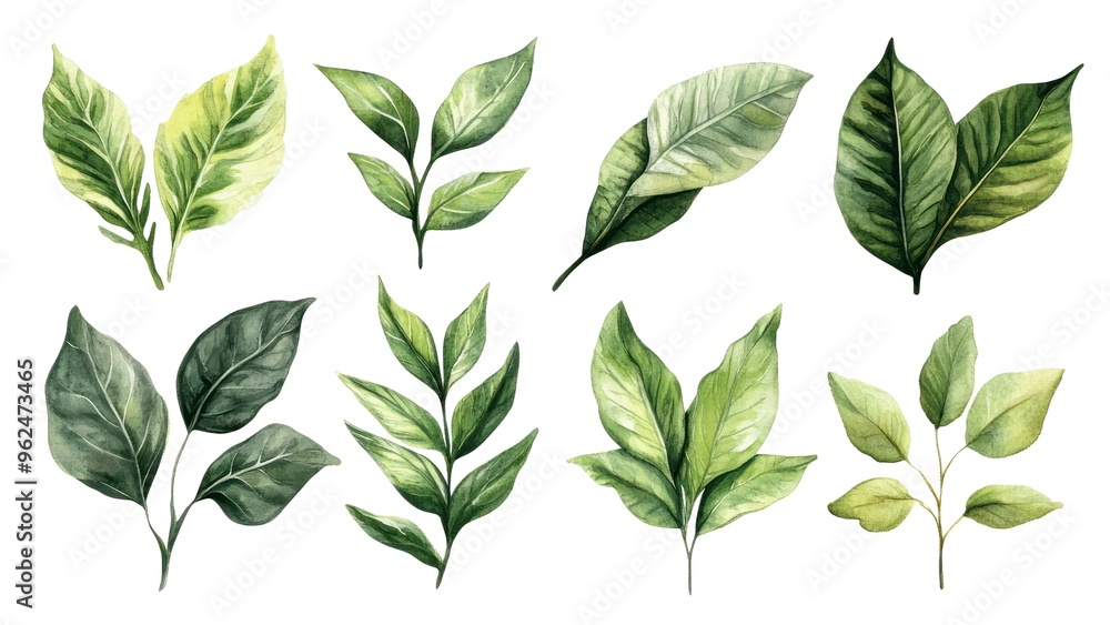 A set of green leaves are shown in various sizes and orientations A set of green leaves are shown in various sizes and orientations
