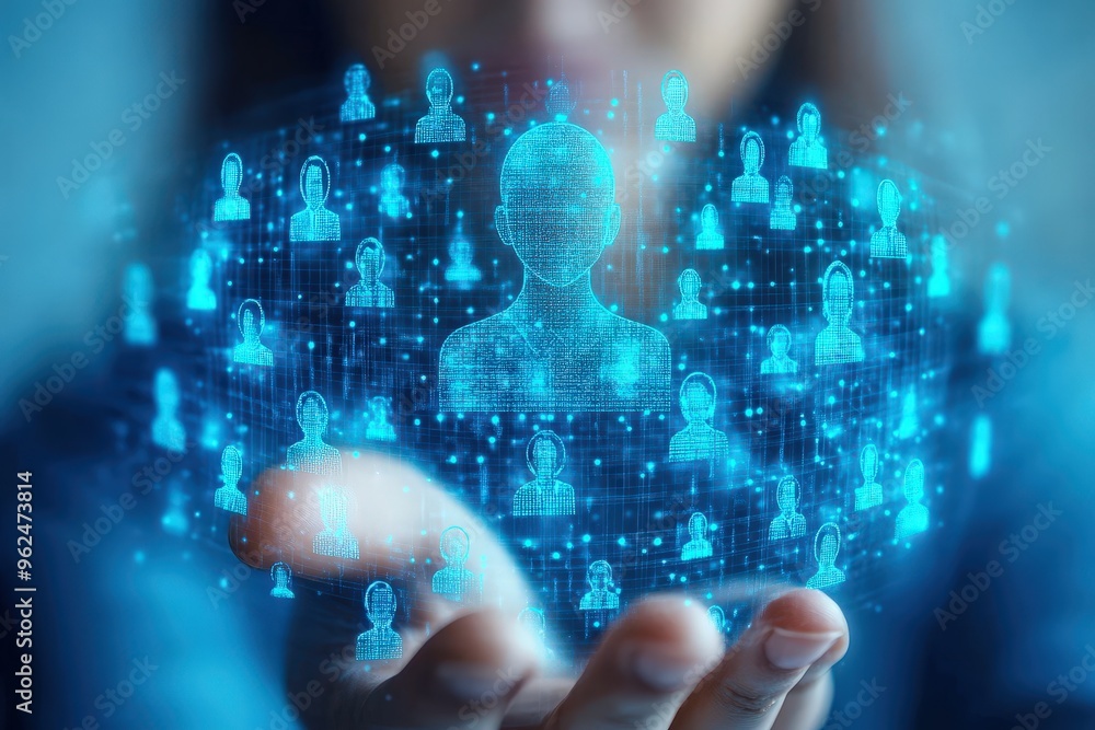 Connecting the Dots: A hand delicately cradles a glowing sphere filled with interconnected digital avatars, symbolizing the power of human connection and the intricate web of relationships in the digi