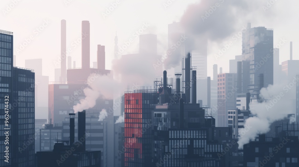 Obraz premium A foggy view of an industrial skyline filled with tall buildings and smoking chimneys. The thick haze and dense structures highlight the environmental impact of industrialization, presenting a gritty
